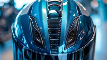 A closeup of the top of a helmet highlighting its unique and innovative air channel design allowing for optimal air flow and ventilation photo