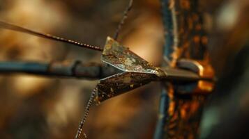 A macro shot of a nocking point on a bowstring showcasing the small metal piece that helps hold the arrow in place for a smooth release photo