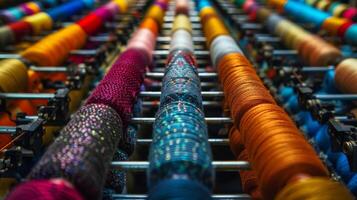 From this closeup view the seemingly endless spools of yarn on the knitting machines creel take on a kaleidoscope of colors a feast for the eyes and imagination photo
