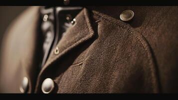 The detailing of a tailored chocolate brown riding jacket with a high collar and shiny buttons photo