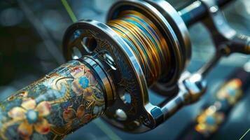 A macro shot of a spinning reels spool showcasing its precision and smooth movement is framed by the delicate floral pattern of the rods handle photo