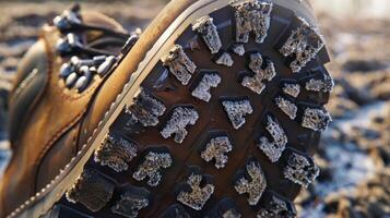 The sole of a riding boot displaying a durable rugged tread for optimal grip and support photo
