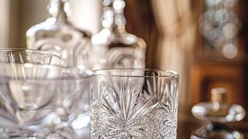 A stunning set of crystal glassware with intricate patterns etched onto smooth clear glasses and decanters photo