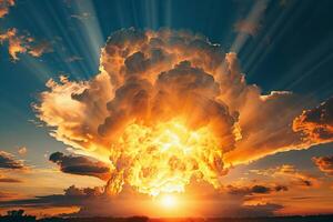Majestic sunset cloudscape with radiant sunbeams photo