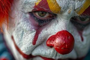 Highdetail macro shot of a clown's face, focusing on the expressive eyes and colorful makeup photo