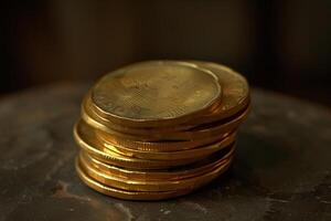 Stack of gold coins on dark background photo