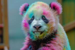 Closeup of a panda bear with vibrant, multicolored fur looking directly at the camera photo