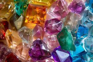 Vibrant collection of various colored gemstone crystals creating a sparkling background photo