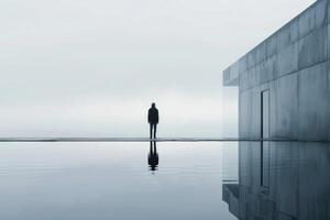 Lone figure stands by the water's edge near a sleek, modern building, reflecting on the serene surface photo