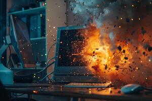 Exploding computer in office setting photo