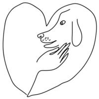 Drawing of a human hand and a dog inside a heart drawn in doodle style vector