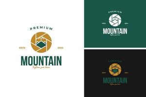 Camera lens with a mountain reflection logo design, ideal for a photography business specializing in nature and landscapes. illustration template idea vector