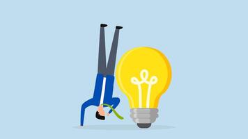 Think different to create unique idea, 4k animation of businessman who tries to think of idea with light bulb in another position. video
