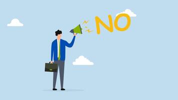 Learn to say no, 4k animation of confident businessman speaks loudly in megaphone with the word No to his boss. video
