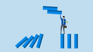 Risk management, 4k animation of businessman company manager remove dominoes to stop domino effect of collapse. video