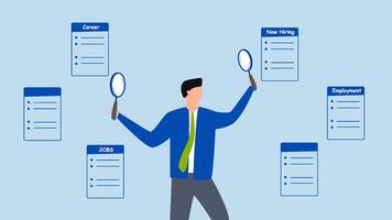 Job seeking, 4k animation of businessman using magnifying glass in two hands and looking for new career. video