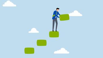 Build business success stairs, 4k animation of businessman builds ladder to move forward as his business grows. video