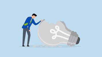 motivation after business failure, 4k animation of depressed businessman standing with old broken light bulb idea that failed miserably. video