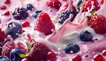 Close-up of mixed berries splashing into creamy milk, with dynamic droplets photo