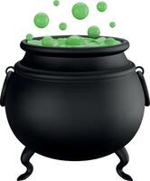 isolated witch pot. witch cauldron with green potion. halloween 3d element vector