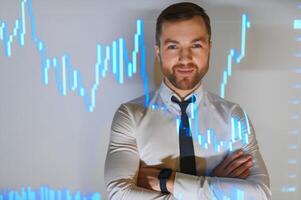 Stock Market Trader Working Investment Charts, Graphs, Ticker, Diagrams Projected on His Face. Financial Analyst and Digital Businessman Selling Shorts and Buying Longs photo