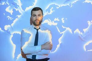International business concept with businessman on background with network on map. photo