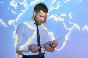 International business concept with businessman on background with network on map. photo