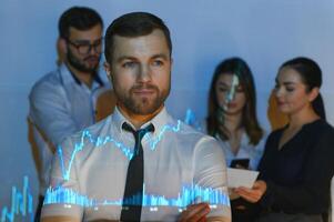 Stock Market Trader Working Investment Charts, Graphs, Ticker, Diagrams Projected on His Face. Financial Analyst and Digital Businessman Selling Shorts and Buying Longs photo
