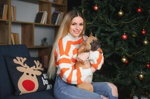 Little dog with owner playing and having fun. young teen girl sitting on the couch with her pet. Christmas tree in the background. soft selective focus photo