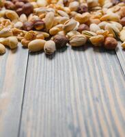 mixed nuts in a bowl on wooden table, top view with copy space. photo