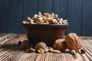 mixed nuts in a bowl on wooden table, top view with copy space. photo