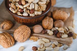 Mixed nuts on a plate. White background photo
