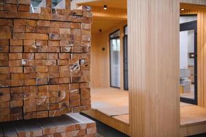 Newly built single storey prefabricated modular building. Prefabricated mobile wooden house at construction site photo