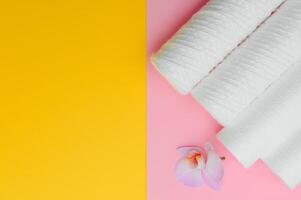 cartridges for water purification on a colored background. Concept of clean water at home photo