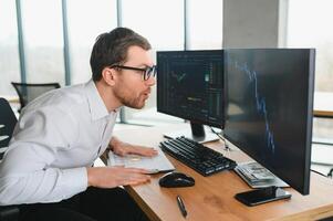 Stressed business man crypto trader broker investor analyzing stock exchange market crypto trading decreasing chart data fall down loss, desperate about losing money of crisis, recession, inflation. photo