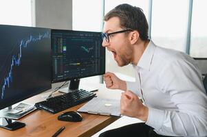Stressed business man crypto trader broker investor analyzing stock exchange market crypto trading decreasing chart data fall down loss, desperate about losing money of crisis, recession, inflation. photo