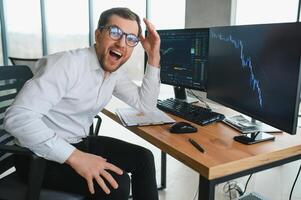 Stressed business man crypto trader broker investor analyzing stock exchange market crypto trading decreasing chart data fall down loss, desperate about losing money of crisis, recession, inflation. photo