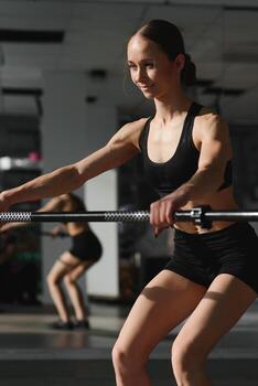 cerca arriba imagen de atractivo ajuste mujer en gimnasia. foto