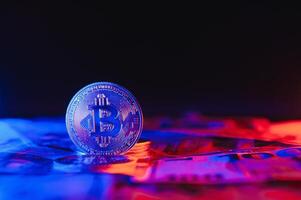 euro banknotes and coins, dollar banknotes with bitcoin. High quality photo. photo