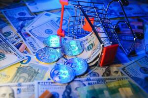 euro banknotes and coins, dollar banknotes with bitcoin. High quality photo. photo