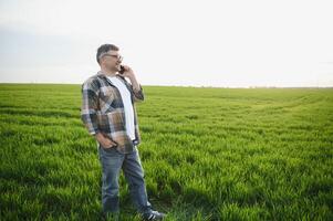 Portrait of senior farmer standing in green wheat field. photo
