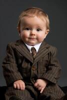 Cute baby in business attire represents future success and prosperity with a confident and professional appearance photo