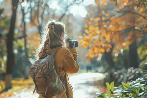 Woman with a camera is immersed in photography on a sunny autumn day, surrounded by vibrant fall foliage in a tranquil forest setting, illustrating a serene exploration of nature's beauty photo