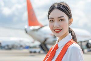 Confident professional flight attendant warmly welcomes passengers in her uniform, with an airplane and clear sky in the background. Exuding hospitality and preparedness for travel photo