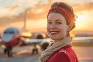 Confident female flight attendant in a professional red uniform standing at the airport with a radiant smile, as the sun sets behind her and an airplane in the background photo