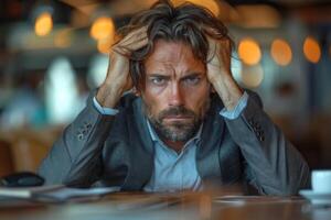 Overwhelmed businessman clutches his head in distress in a dimly lit office, battling with work stress and in need of support or a respite photo
