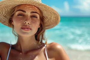Beautiful woman wearing a straw hat relaxing on a tropical beach photo