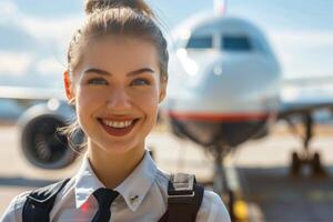 Flight attendant exudes warmth and hospitality with a bright smile in front of an aircraft, embracing the joy of travel under the sunny airport terminal sky photo
