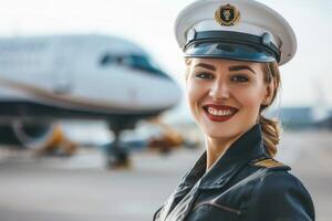 Confident female flight attendant stands proudly in her uniform, welcoming smile, with a blurred airplane and runway in the background photo