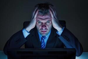 Overworked businessman feeling the strain while working late at night, lit by the glow of his computer screen in a dim office setting photo